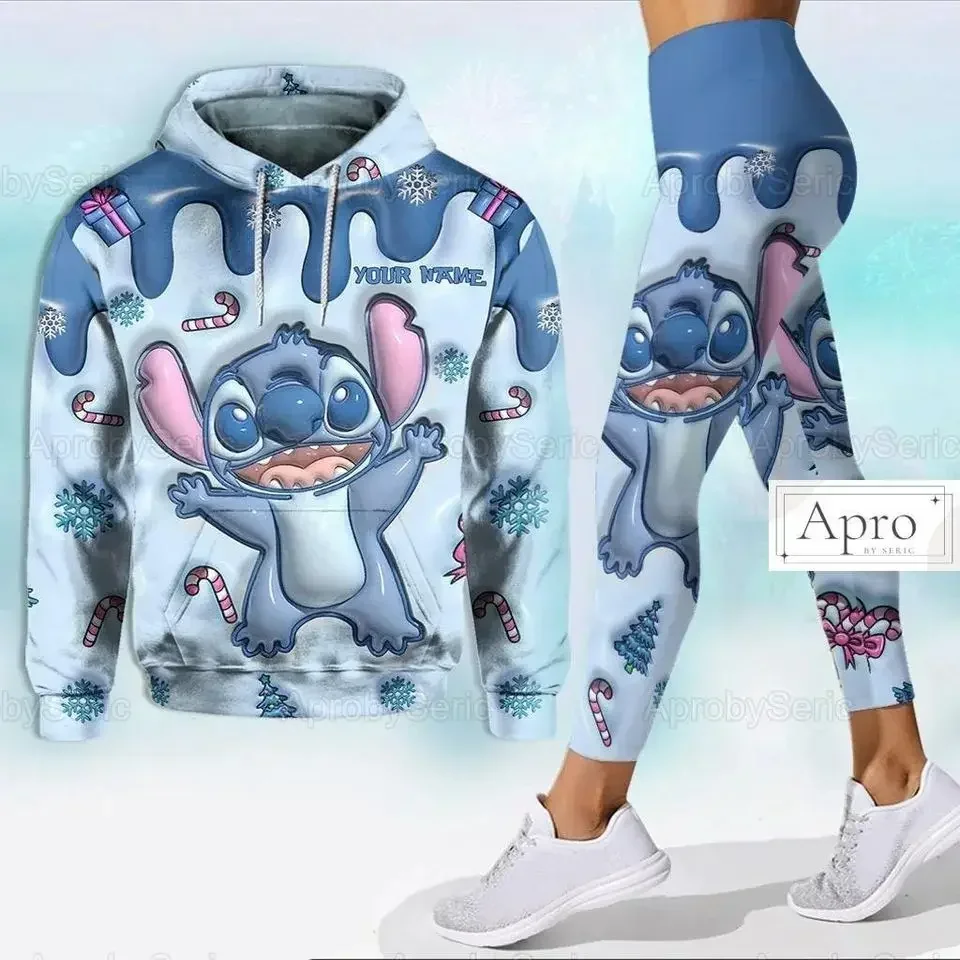 2025 New Stitch 3D Felpa con cappuccio da donna Set Felpa con cappuccio Topolino Pantaloni da yoga Pantaloni sportivi Disney Yoga da donna Leggings Tuta di moda