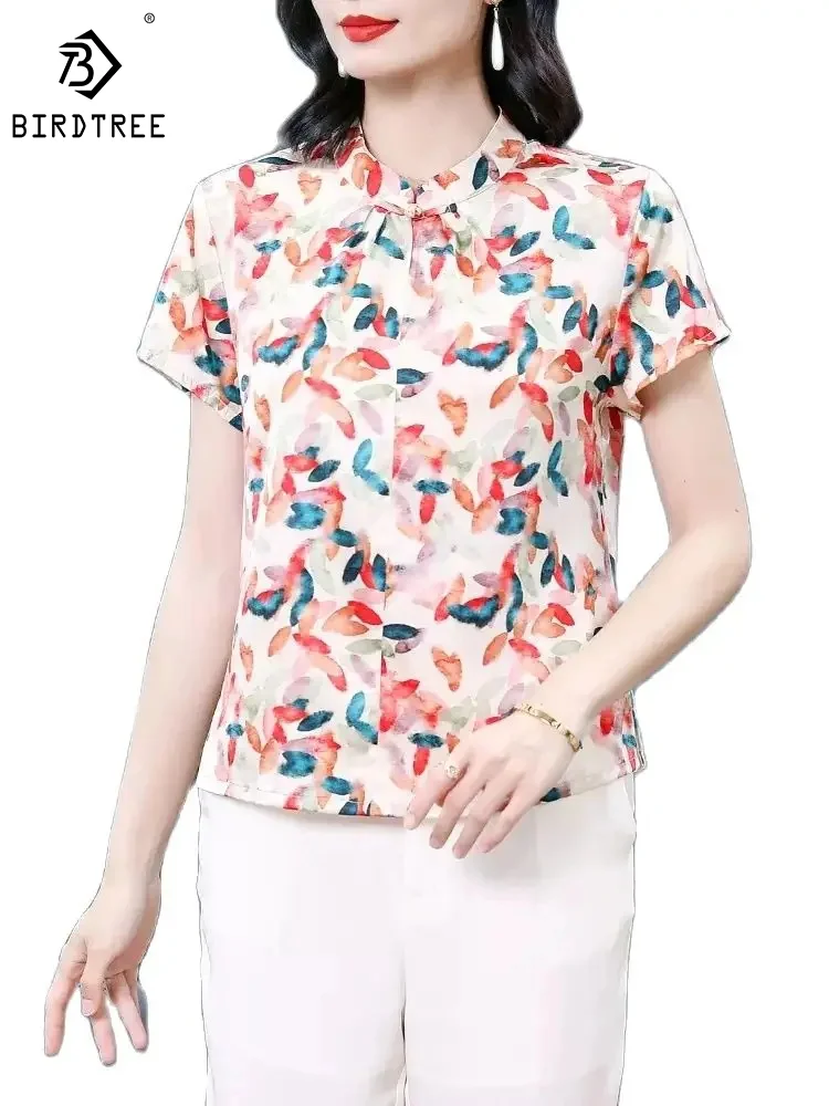 

BirdTree 91.8%Mulberry Silk Shirt for Women, Stand Neck Short Sleeve Floral Print, Retro OL Blouse, 2024 Spring New Top T42307QM