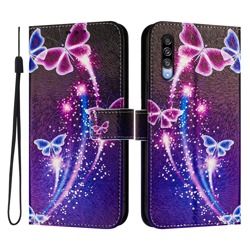 A50 Leather Phone Case For Samsung Galaxy A50 A20E A10E A20S A30 A40 A70 A10 Flip Cover Wallet Magnetic Painted Cases Cat Flower