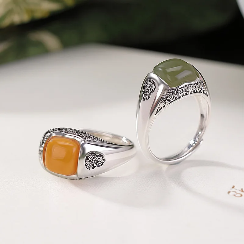 

S925 Sterling Hetian Qing Shui Jade Amber Grass Pattern Geometric Square Silver Ring