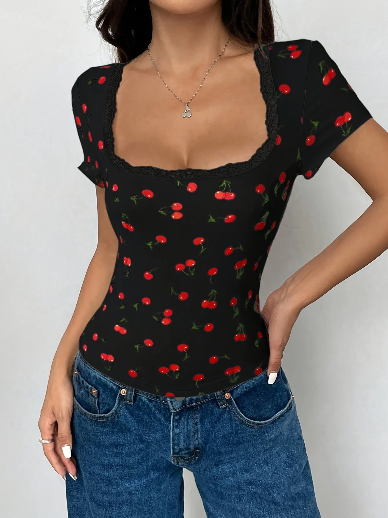 Tops para mujer Rockabilly Y2K Camiseta de manga corta con estampado floral y ribete de encaje con botones en la parte delantera Camisa corta informal con hombros descubiertos Blusa vintage
