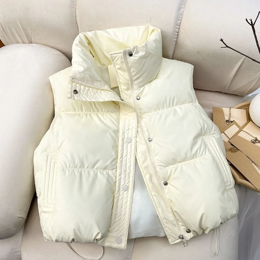 Fashion Stand-up Collar Winter Vest Loose Fit Sleeveless Cotton Vest Short Length Cropped Jacket Casual Wear