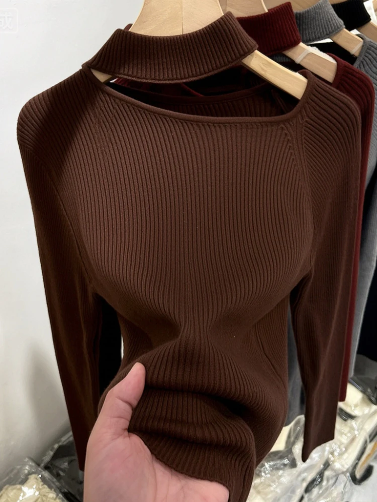 Women Mock Neck Cut‑Out Ribbed Knit Pullover Sweater Elastic Long Sleeve Solid Coffee Ladies Daily Casual Fashion Knitwear Top