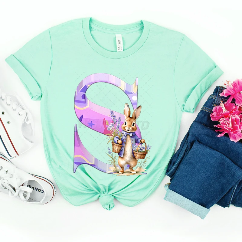 Easter Colorful Alphabet A-Z Graphic T Shirts Women Cute Easter Bunny Outfit Watercolor Easter Letters A B C D Funny T-shirts