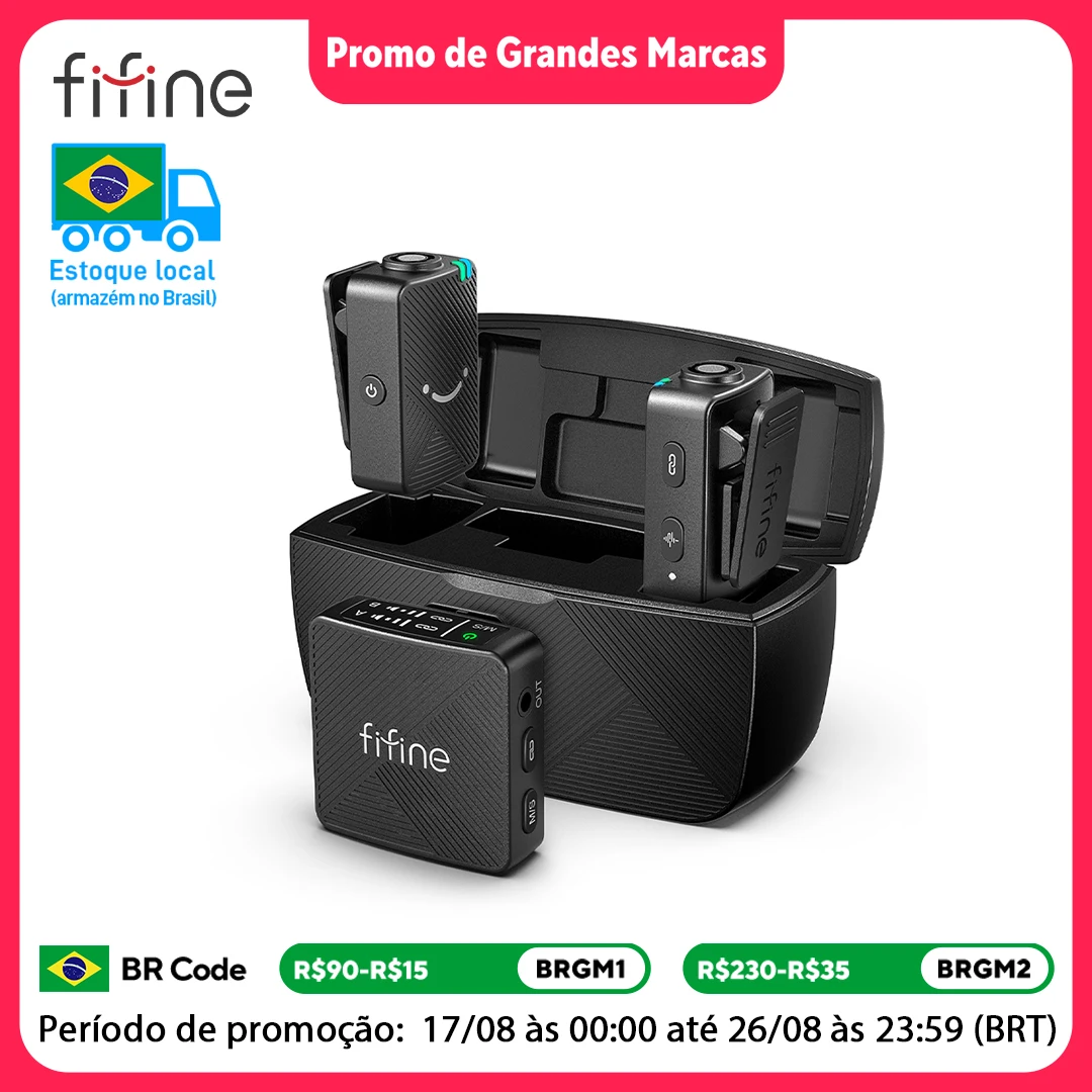 Microfone Lavalier Sem Fio FIFINE M9, Pacote com 2 Microfones de Lapela Sem Fio para Gravação de Vlog, Compatível com iPhone/Android/Câmera/Notebook