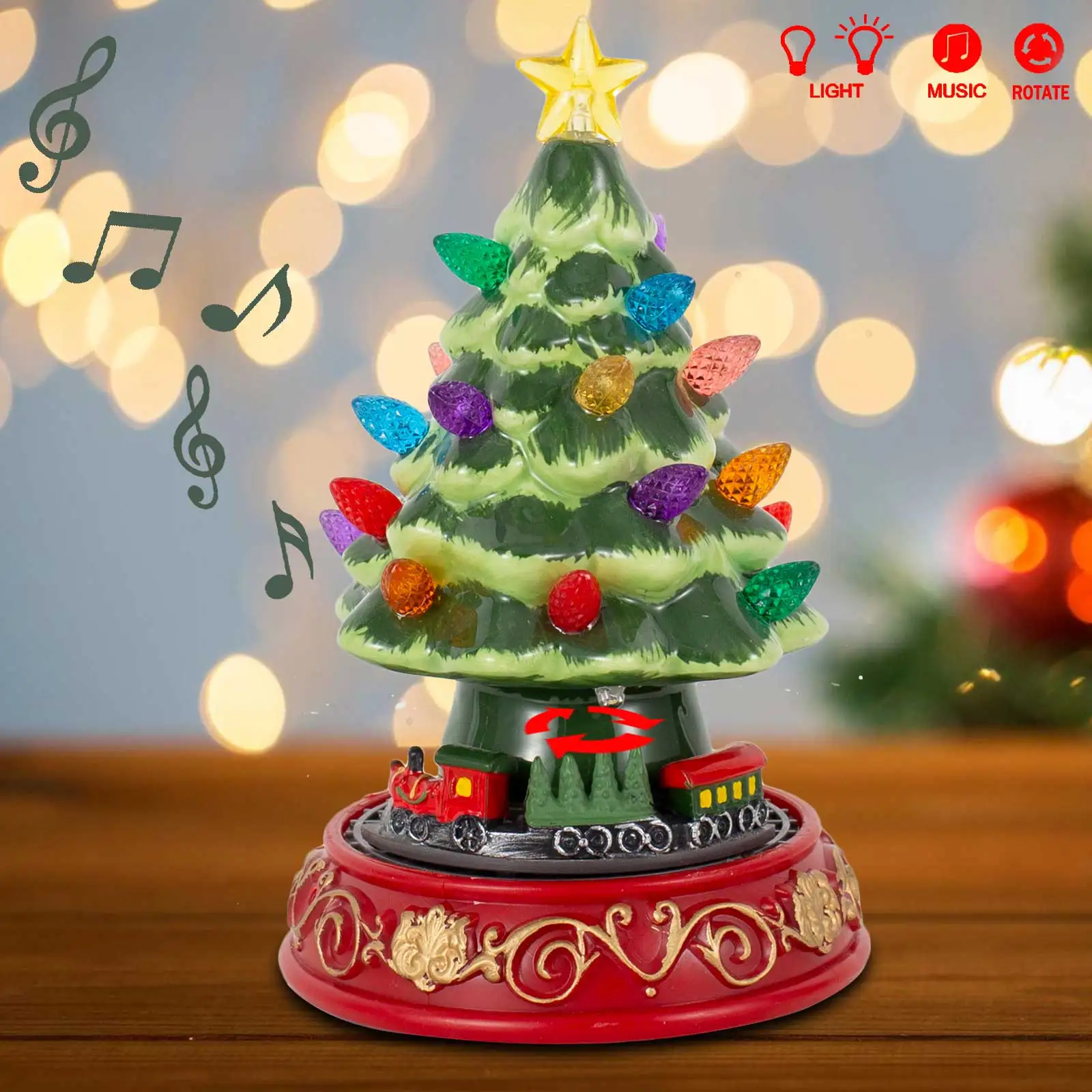 Lighted Christmas Tree with Rotating Train Prelit Tabletop Decor Animated Christmas Tree with Top Star Bulbs Xmas Decoration