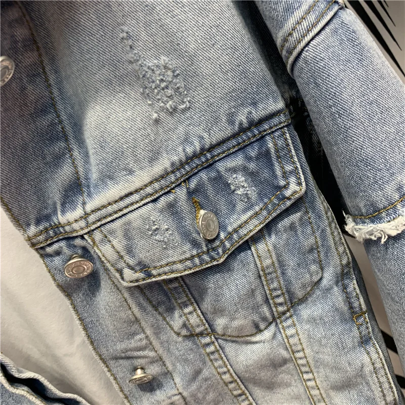 FNOCE 2023 new spring women's ripped jeans jackets fahion trends streetwear personality solid long sleeve slim hole denim coats
