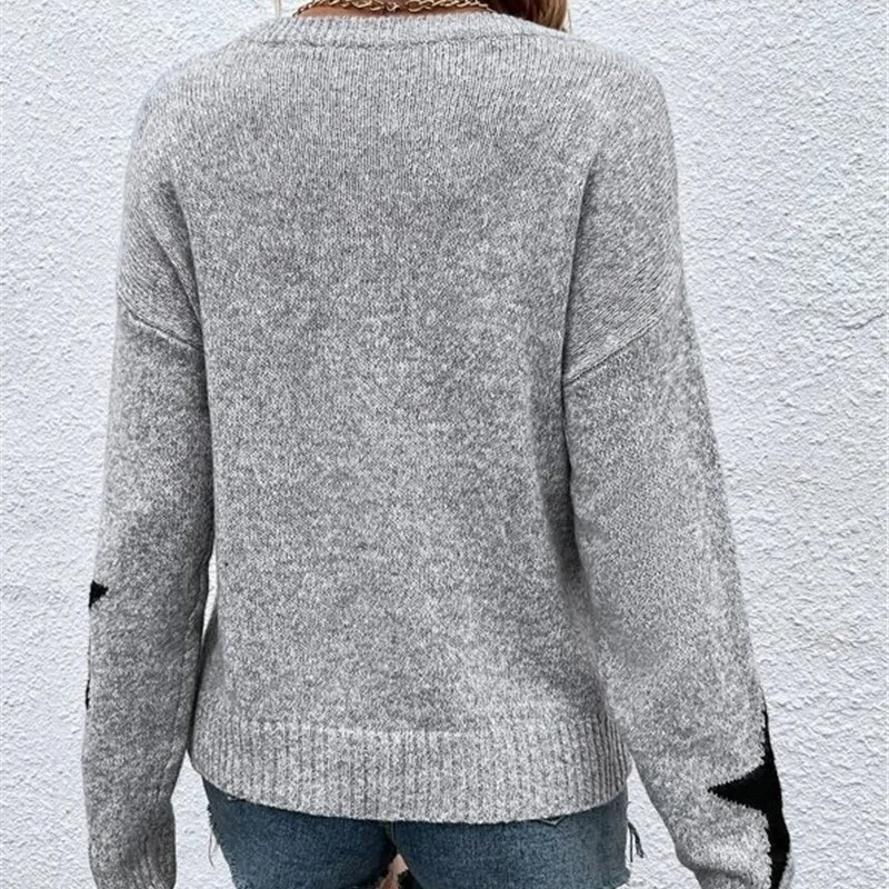 Fashion Autumn Winter Women's Sweater Loose O-neck Star Printed Pullover Knitted Long-sleeved Top Women Personality Pullover