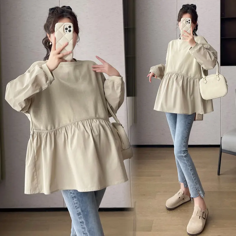 

2024 Spring Fashion Patchwork Maternity Tunic Blouse Oversize Loose Shirts Clothes for Pregnant Women Casual Pregnancy Tops Tees