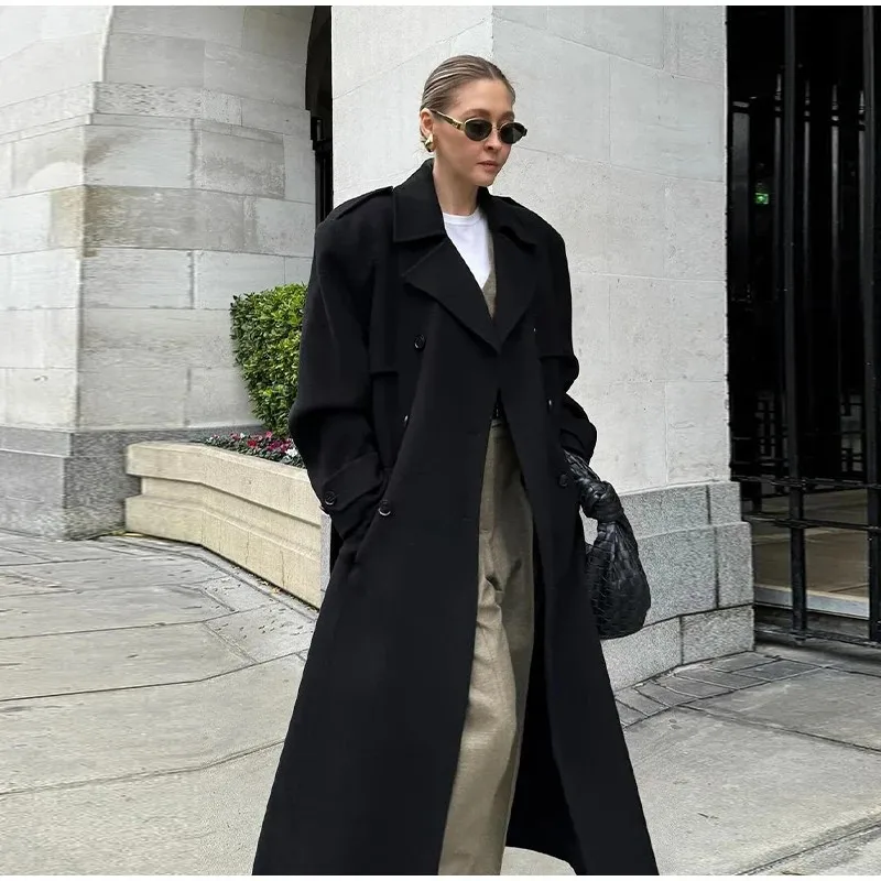 أحزمة مزدوجة الصدر معطف المرأة أنيقة التلبيب جيب كم كامل معطف الإناث 2025 الخريف الشتاء موضة جديدة سيدة أبلى