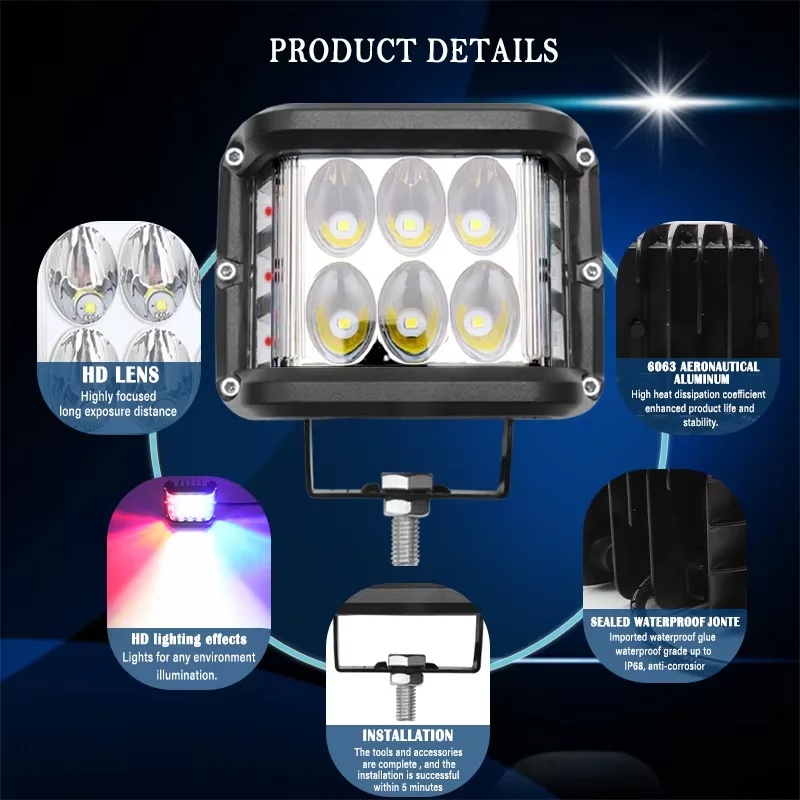 1/2Pcs Car LED Work Light With Strobe Three Side Led Warning Flash Light 12-24V LED Headlight For ATV Offroad 4X4 Truck Fog Lamp