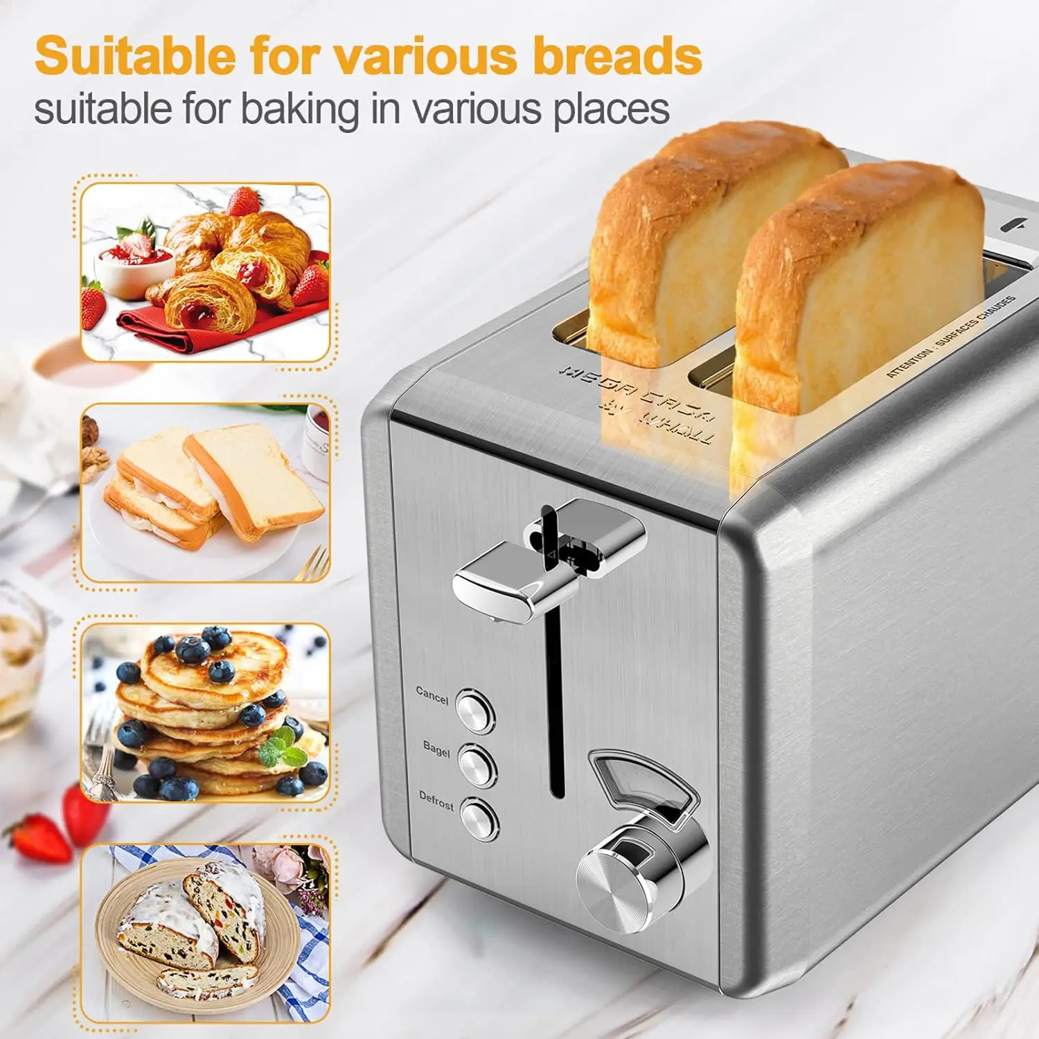 Toaster Stainless Steel, 6 Bread Shade Settings, Defrost/Cancel Function, 1.5in Wide Slot, High Lift Lever, Removable Crumb Tray