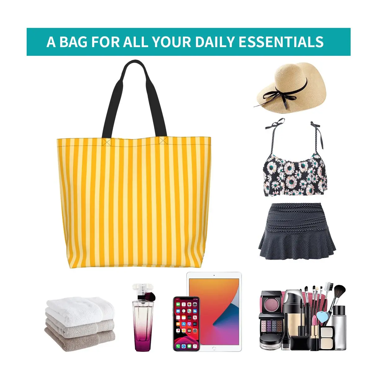 Striped Vertical 2 Yellow Shopping Tote Bag Canvas Large Capacity Shoulder Bags Shopper Grocery Handbag for Women