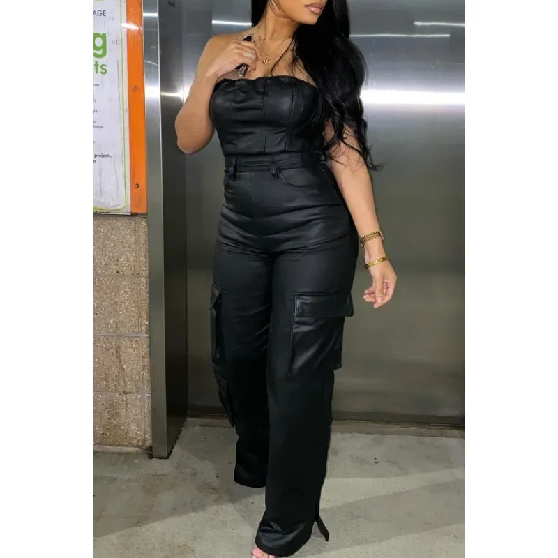 PU Leather Women Cargo Jumpsuits with Big Pockets Solid Off Shoulder Straight Rompers 2023 Fall Winter High Street One Pieces