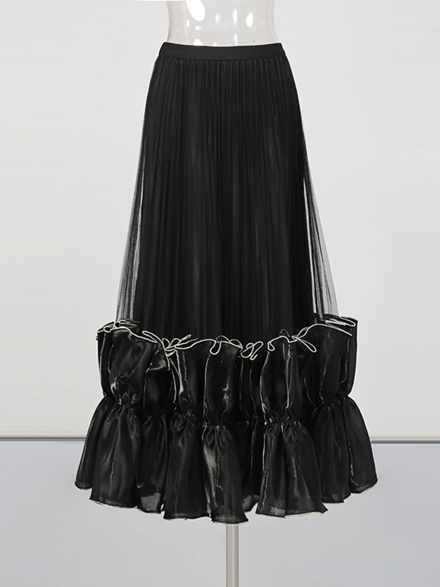 CHICEVER Solid Spliced Ruffles Skirt Female High Waist Loose Patchwork Mesh Elegant French Women's Skirts Autumn Fashion Style