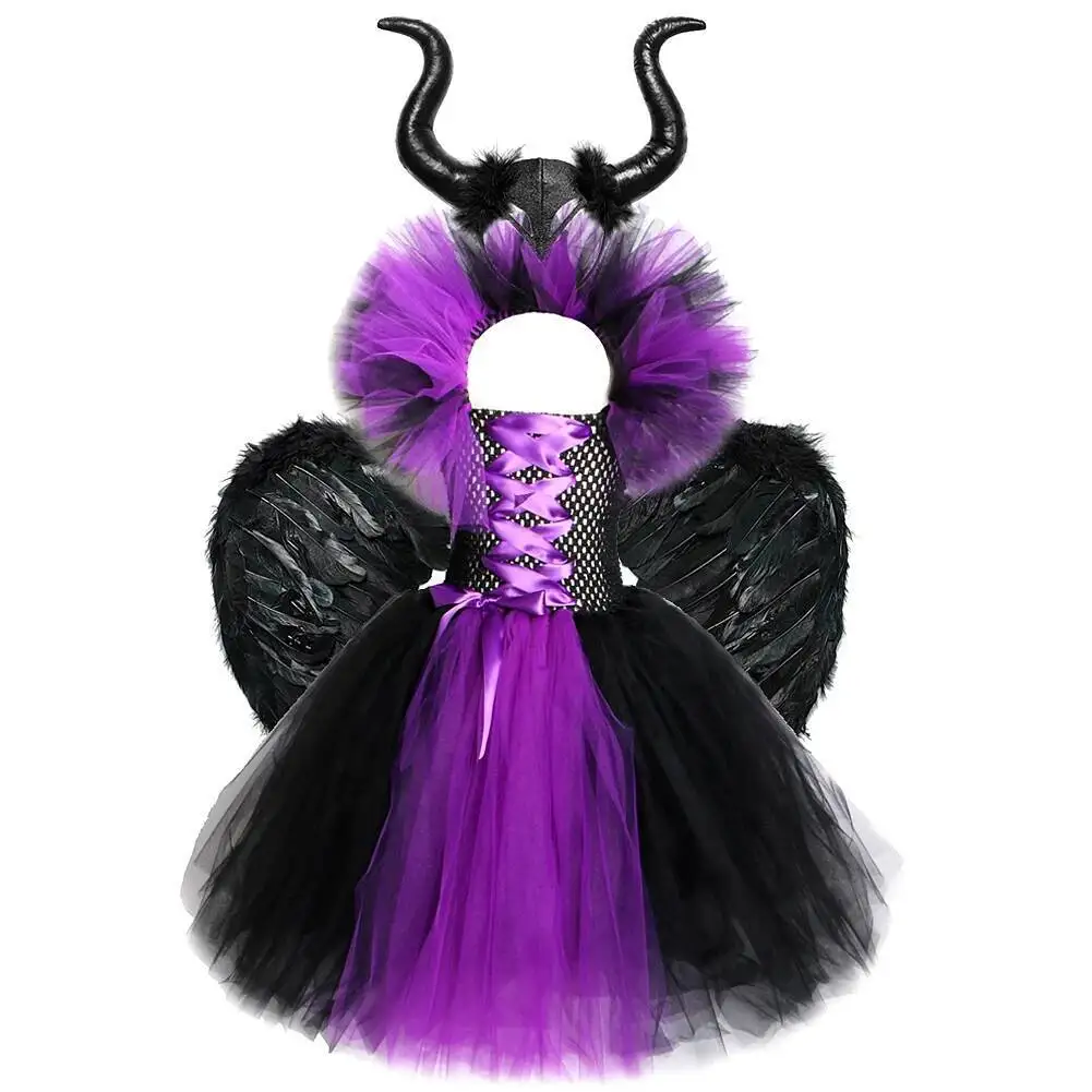 Girls Black Purple Maleficant Long Costumes with Feather Wings Horns Devil Witch Queen Halloween Full Length Tutu Dress for Kids
