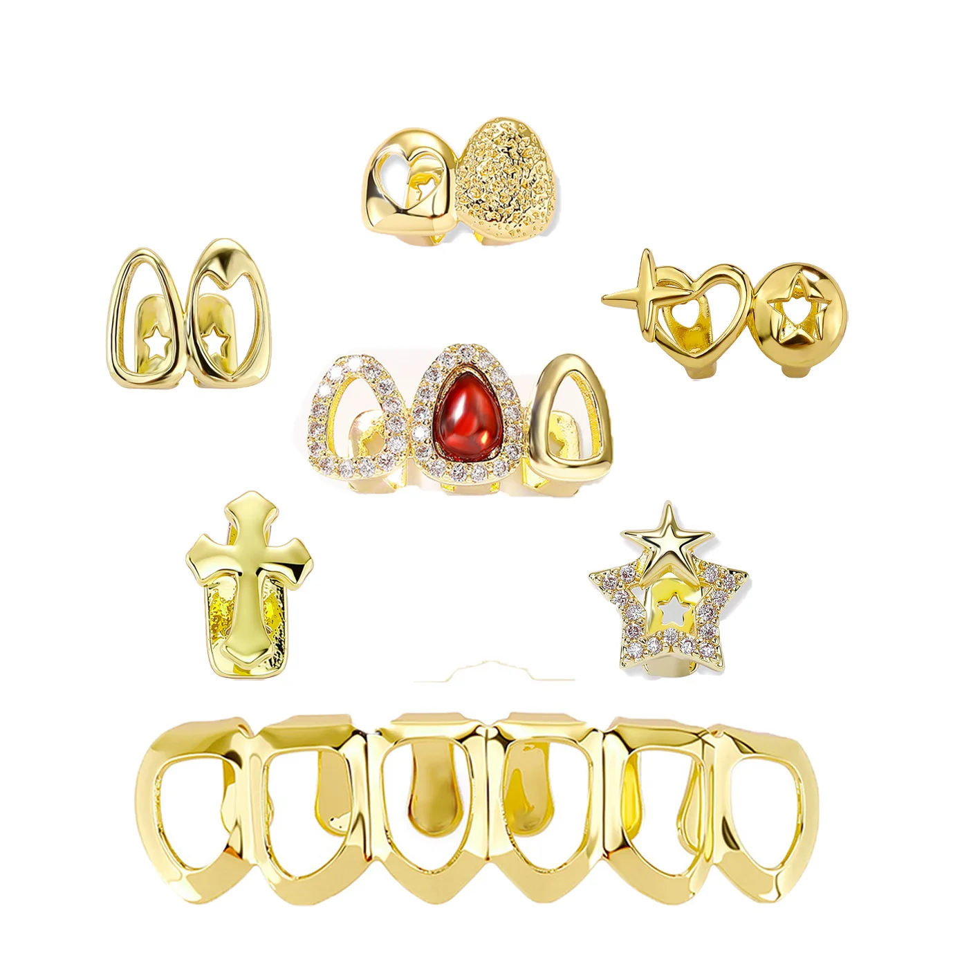 Factory Direct Hollow Out Heart Star Cross Teeth Grillz Multi Style Hip Hop Bulk In Stock Rapper Party Mouth Jewelry Wholesale