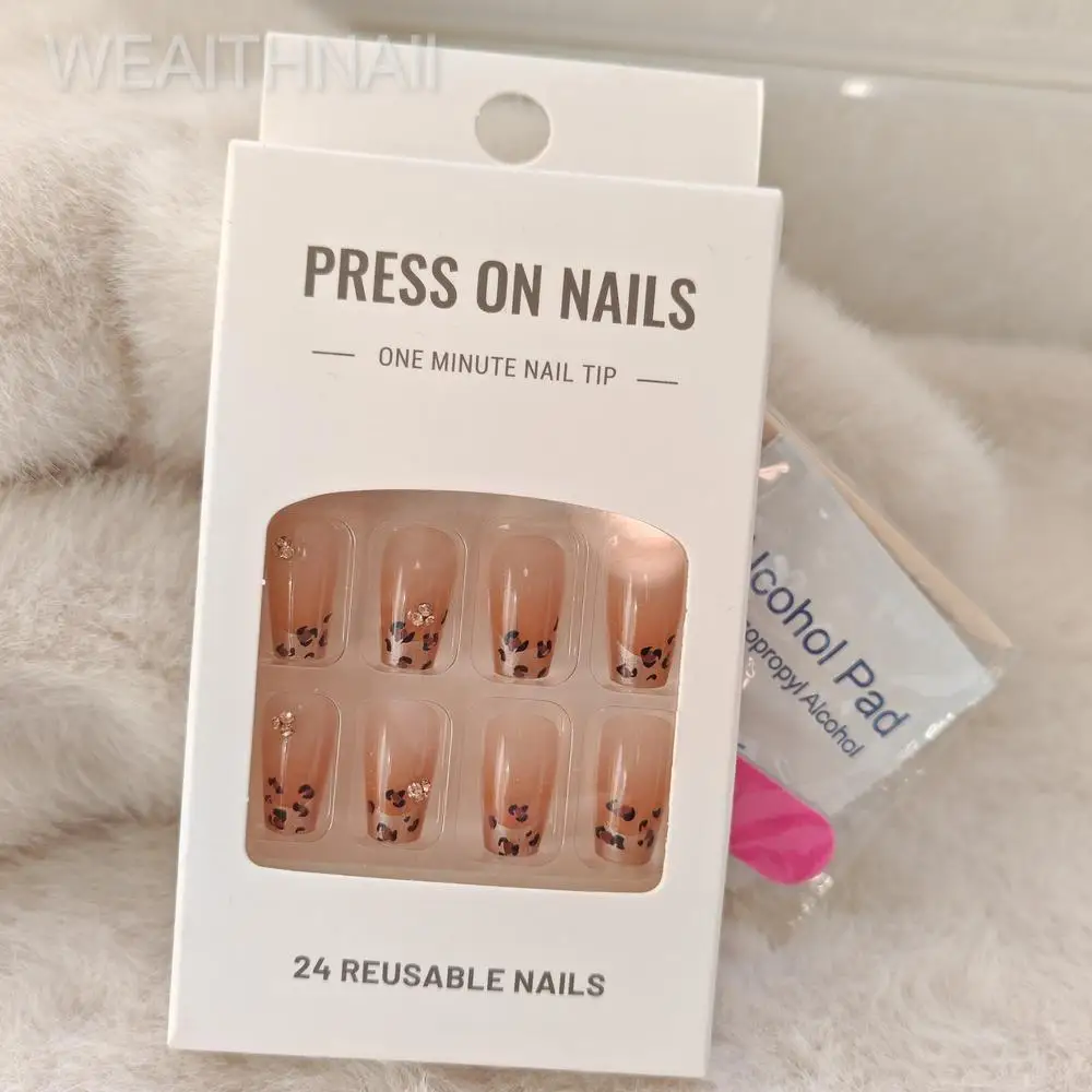 24PCS Acrylic Nail Long French Pressed Powder Full Set Square Spicy Girl Fashion Leopard Pattern Fake Nail Diamond Wearing Nail
