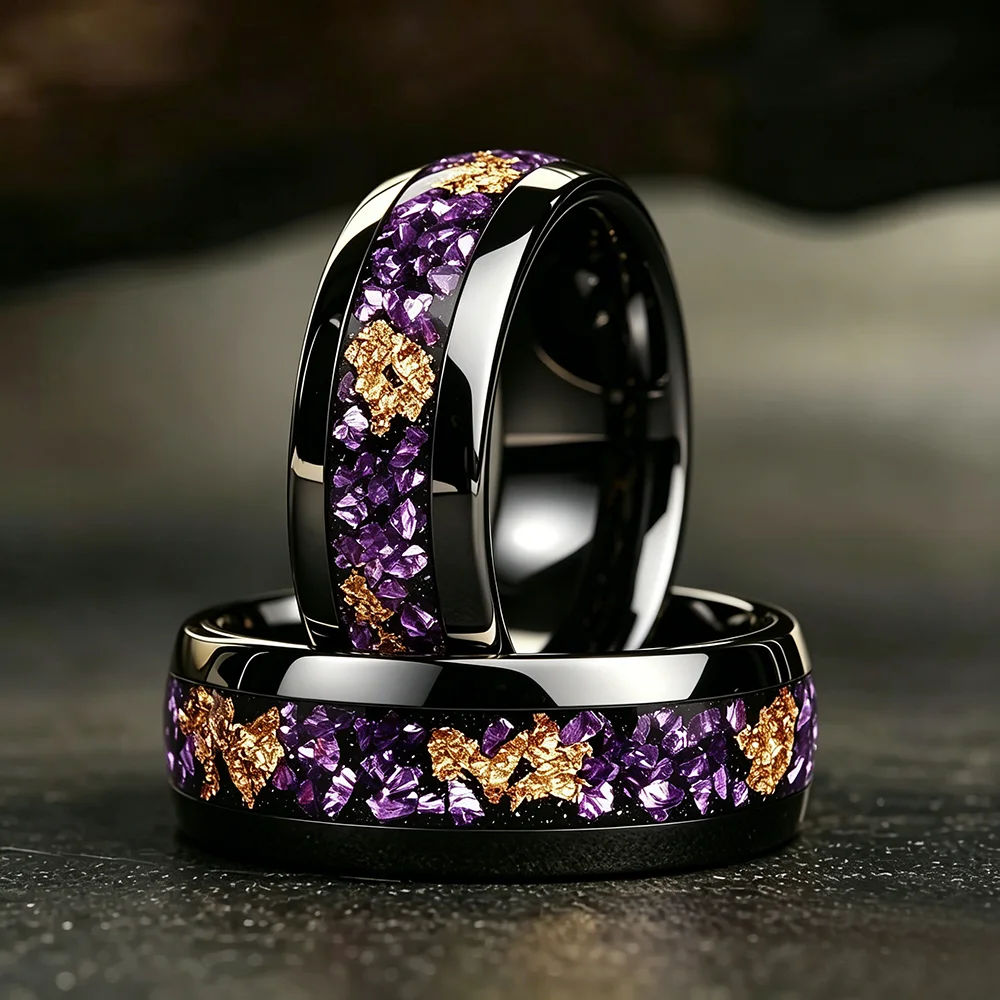Fashion 8mm Men Stainless Steel Rings Inlay Galaxy Style Purple Abalone Shell Rings For Men Wedding Engagement Band Jewelry Gift