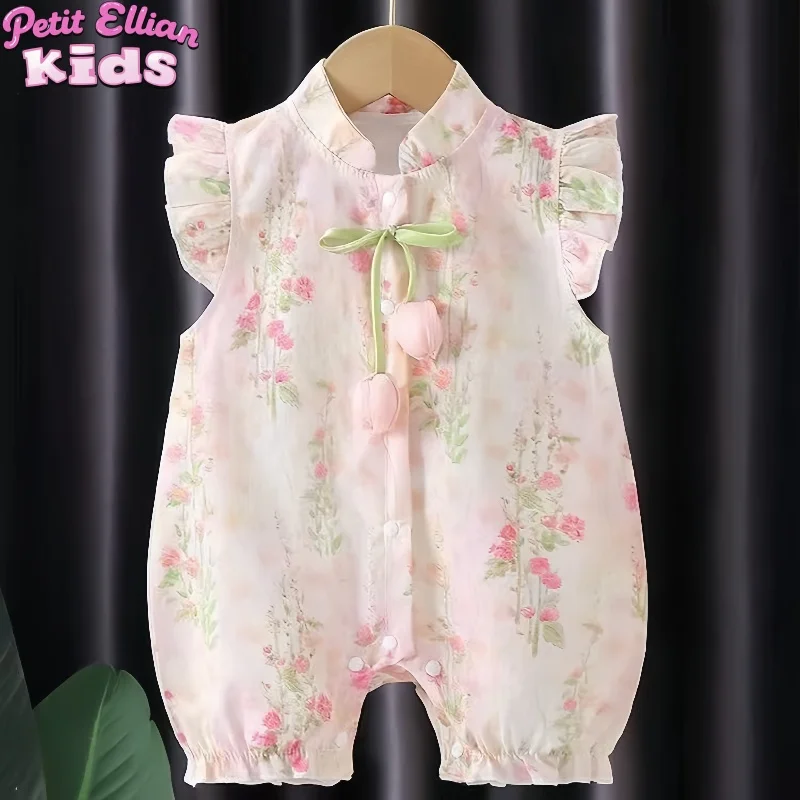 Summer 0-3Y Newborn Bodysuit Flying Sleeve Floral Ruffled Short Romper with May Bells Flower Decor for Baby Girls Clothes