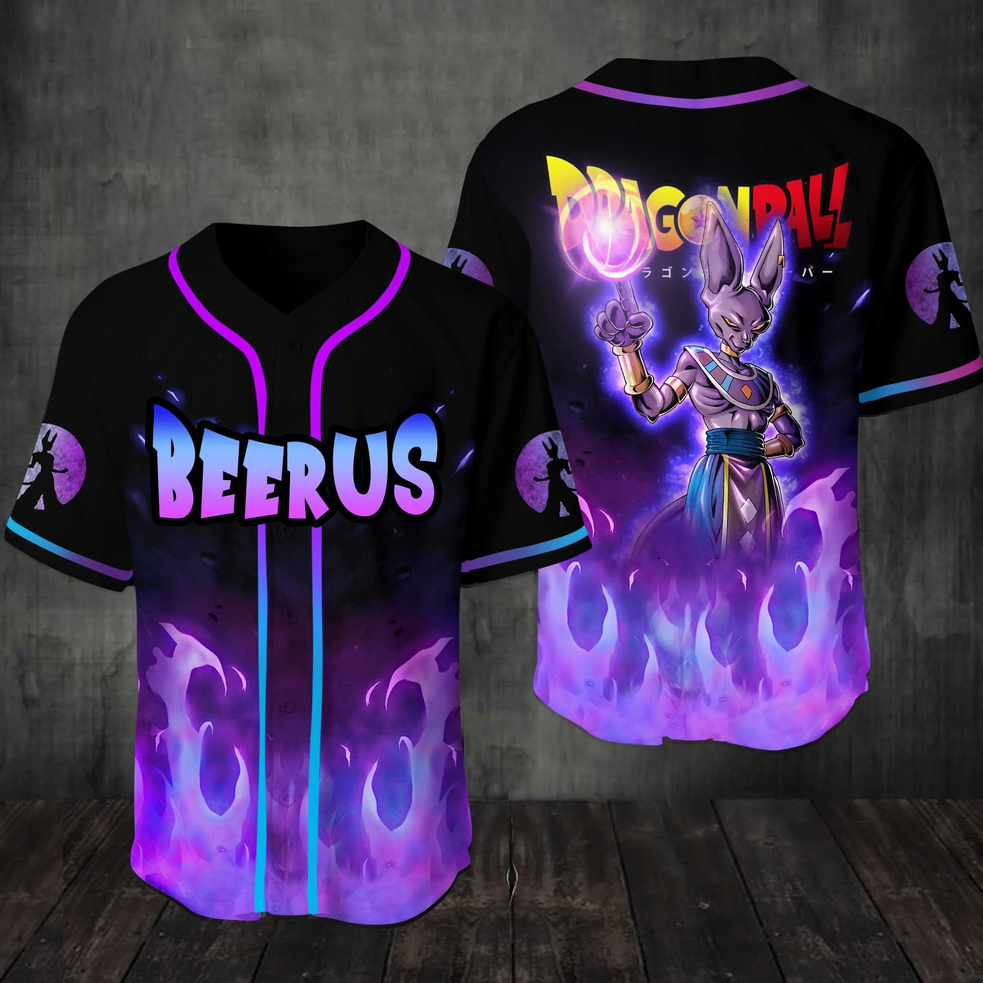 Dragon Ball Destruction God Bilus Flame Bedrucktes Baseball-Shirt Japanisches Anime-Peripherie-Produkt Cardigan Kurzarm-T-Shirt Herren-T-Shirt