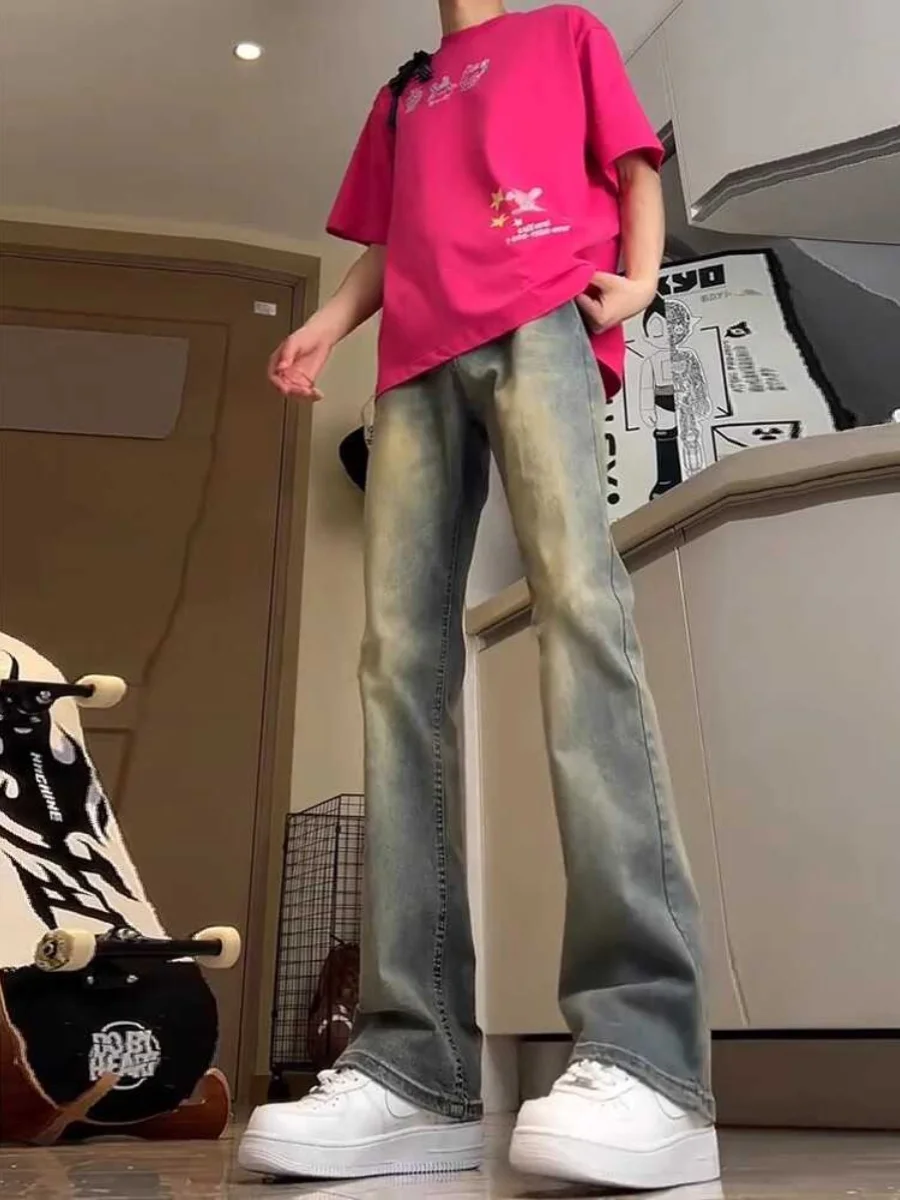 

Мужские джинсы в стиле ретро, американские желтые грязевые цвета, облегающие длинные брюки с микро-расклешенными брюками, модные брендовые молодежные прямые брюки...