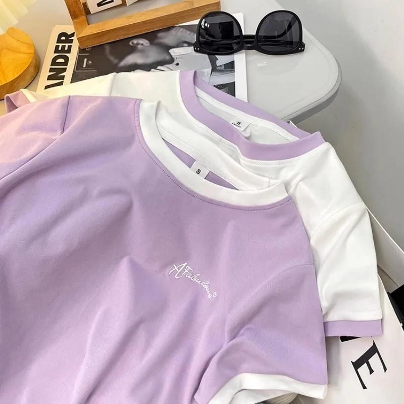 Camiseta de Verano para Mujer, Color Block, Casual, Manga Corta, Bordado, Patchwork