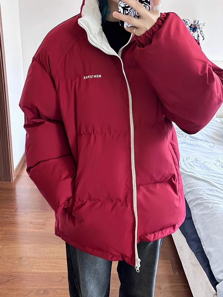 Ankela Thickened Winter Jacket Red Stand Collar down Cotton Men's Style Bread Clothes Cleanfit Couple Cotton Coat Polyester F...