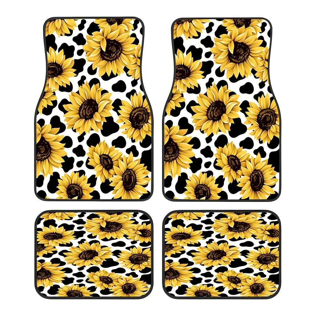 Set Of 4, Featuring A Yellow Sunflower Design, These Themed Car Floor Mats Are Universally Non-Slip And Suitable For All Seasons
