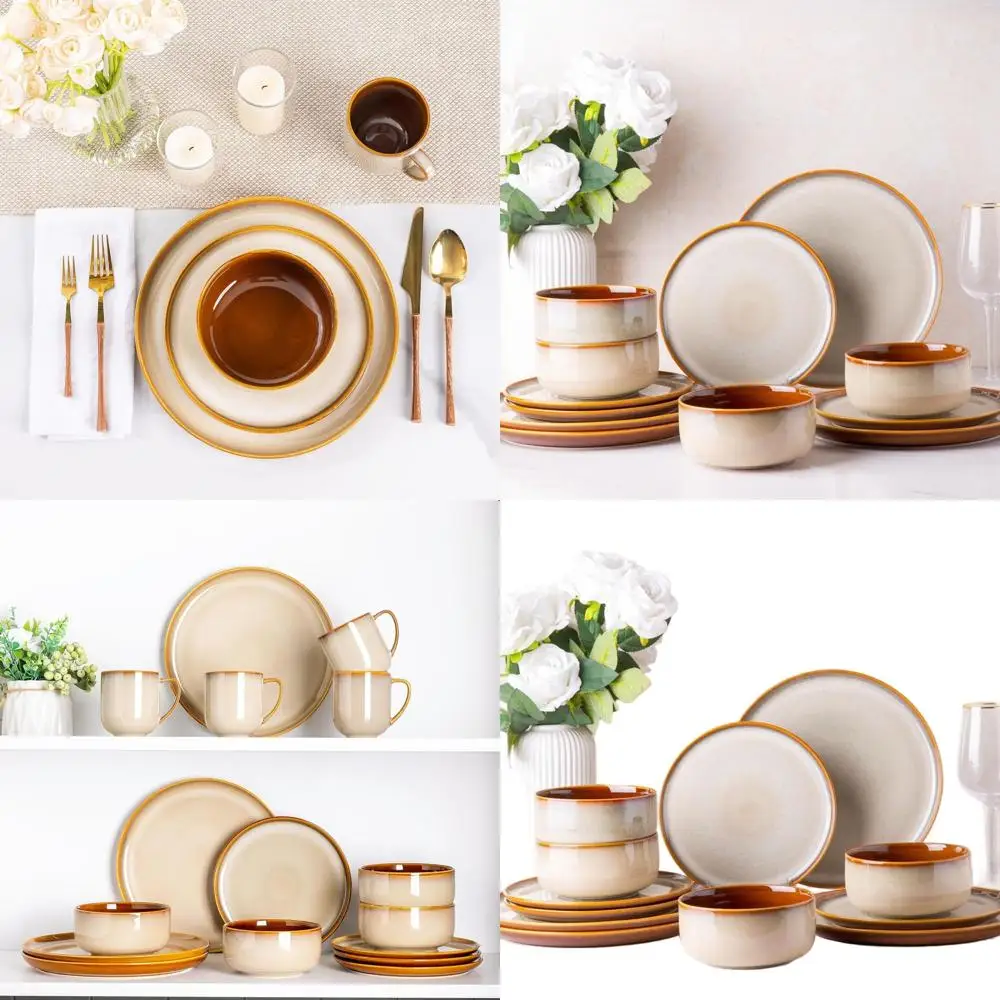 

4-Person Ceramic Dinnerware Set, 12-Piece with Plates & Bowls, Handcrafted Reactive Glaze, Durable & Safe for Oven, Dishwasher,