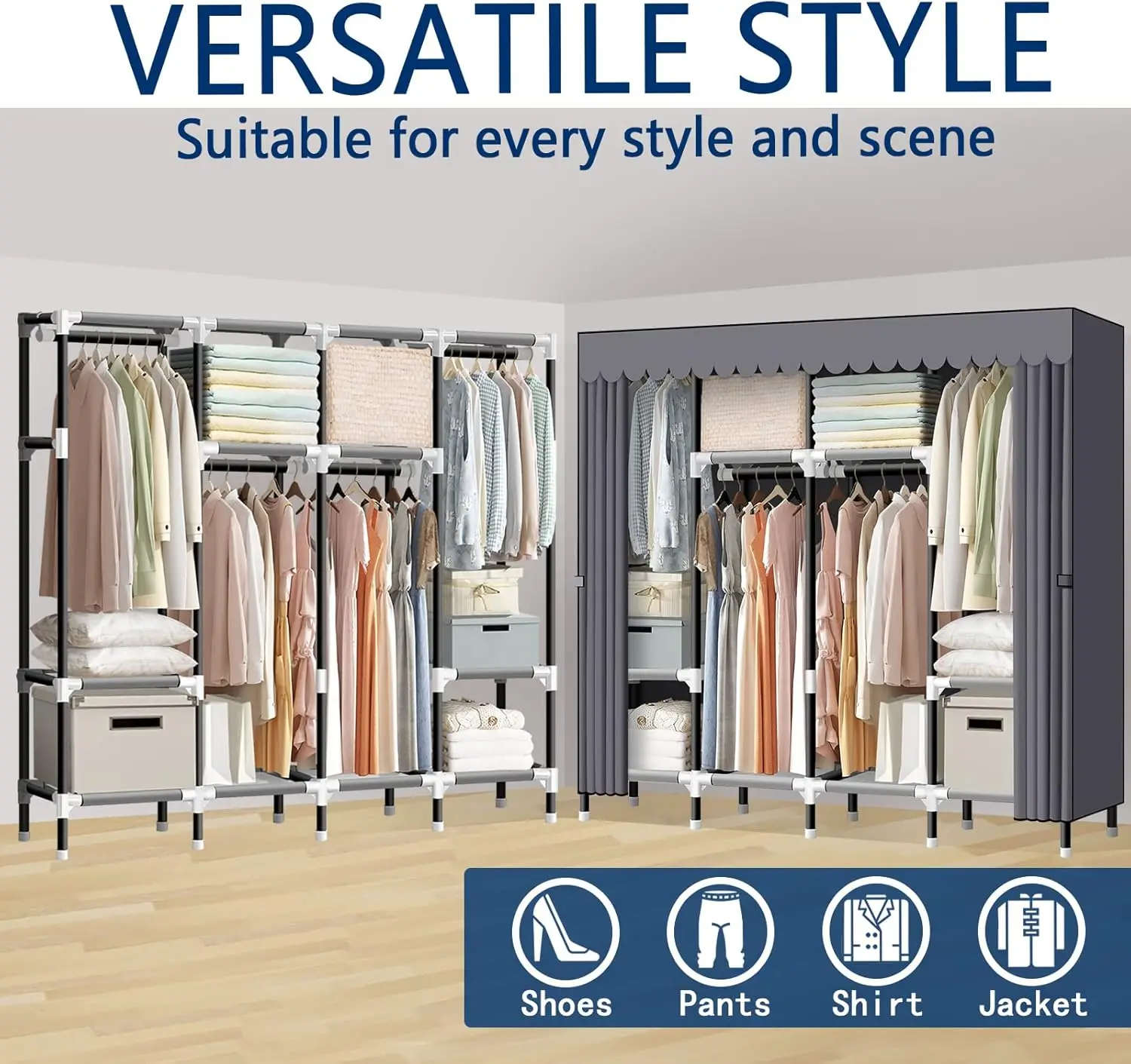 خزانة محمولة 67 بوصة خزانة ملابس لتعليق الملابس مع 4 قضبان تعليق 25 مللي متر أنبوب فولاذي صندوق تخزين ملابس منظم لـ Ex #3