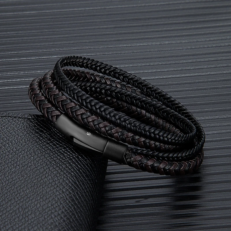 MKENDN Simple Style Men Double Layer Leather Bracelet Matte Black Stainless Steel Button Accessories Hand-woven Jewelry Gifts