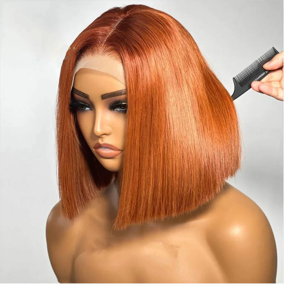 

Soft Ginger Orange Silky Straight Preplucked Short Blunt Cut Bob Deep Lace Front Wigs For Black Women With Afro Baby Hair Daily