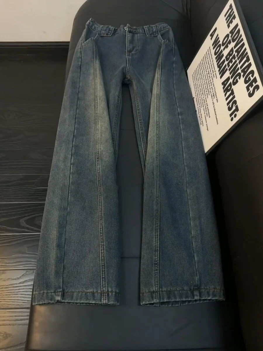 

Американские винтажные джинсы High Street: прямые и широкие брюки с эффектом похудения, потертые, повседневные, мужские, из денима