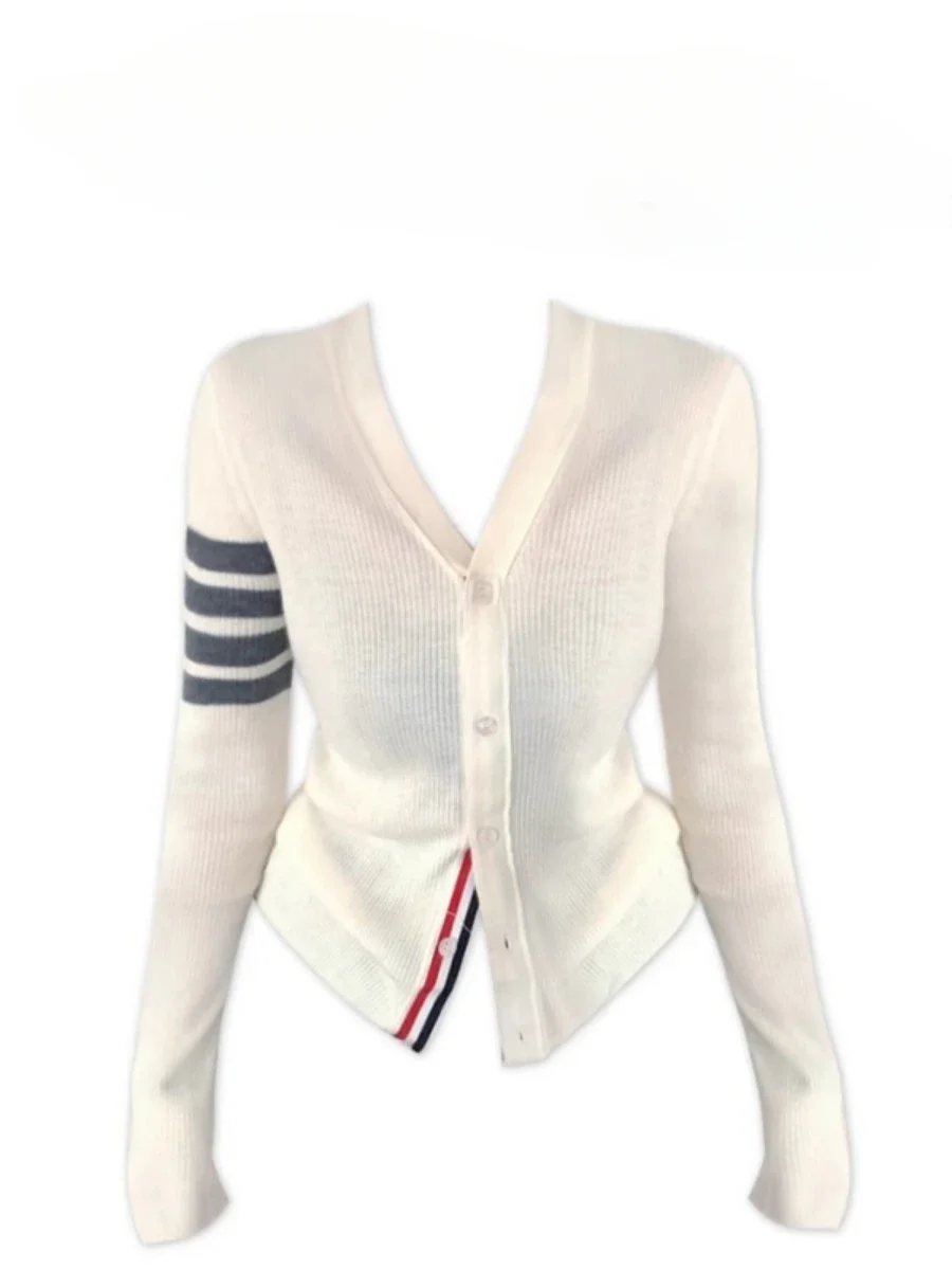 

Women's Contrast Color Striped V-neck Cardigan Sweater Spring and Autumn Slimming Long-sleeved Casual All-match Knitted Jackets