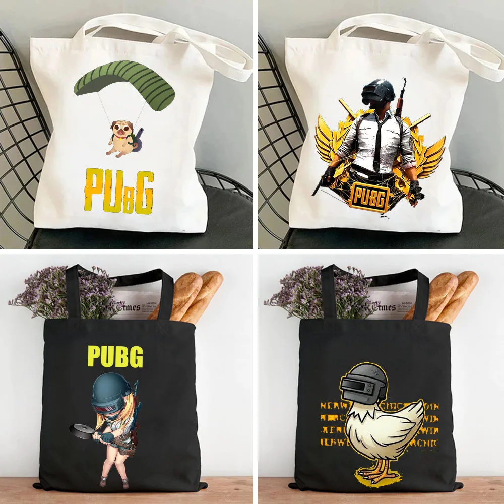 Jugador de juegos Pubg casco chico ganador pollo cena Pan mujer lona Shopper algodón bolsas de mano compras bolsos de hombro