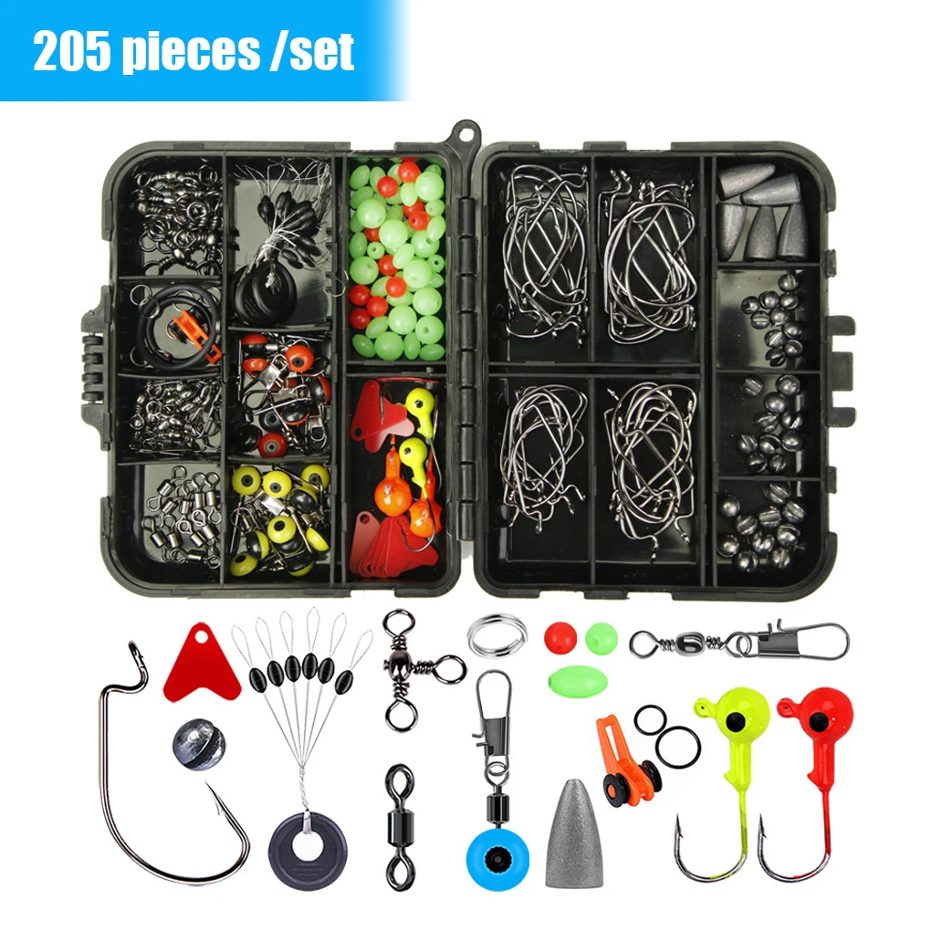 205PCS/Set Fishing Tackles Set Portable Fishhook Sinkers Hooks Lures Reusable DIY Assortment Accessories Kit with Storage Box