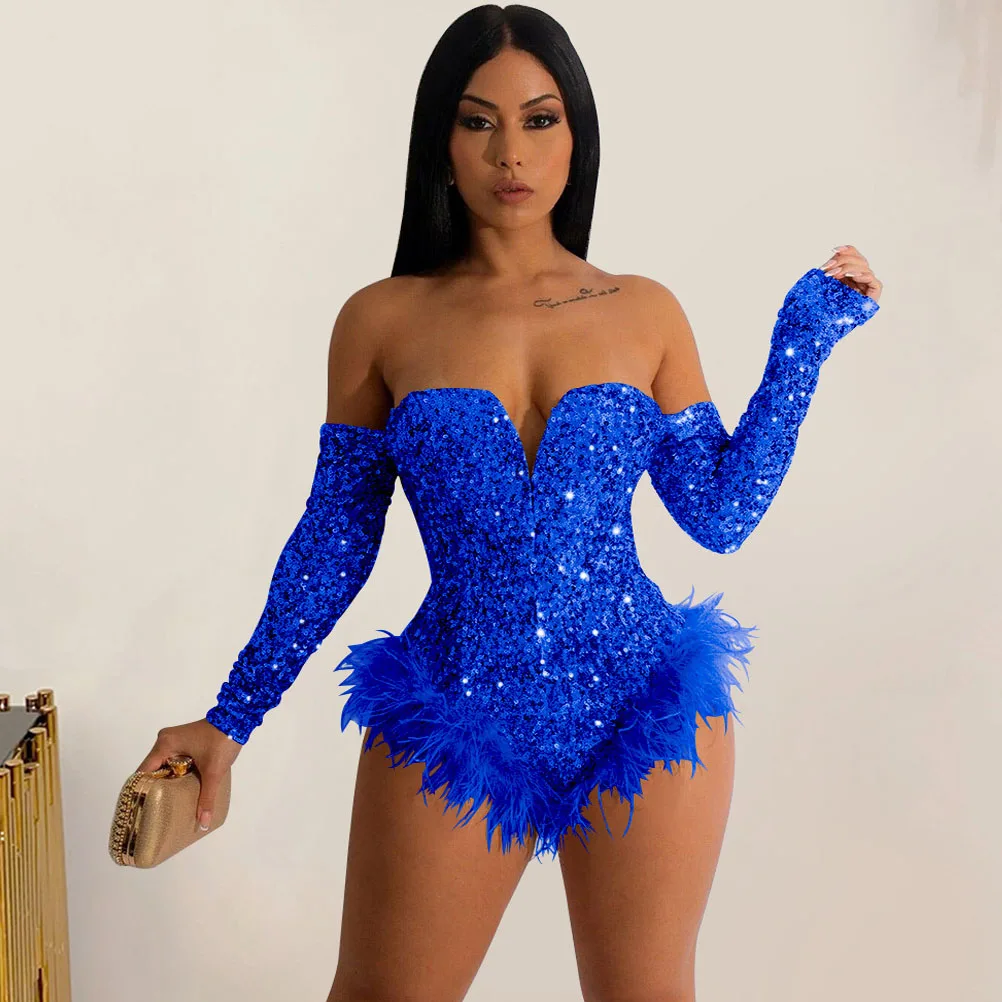 Silver Gold Sequin Feather Bodysuits Women Strapless Body Suit Tops Club Rompers Party Nightclub Sexy Bodycon Corset Jumpsuits