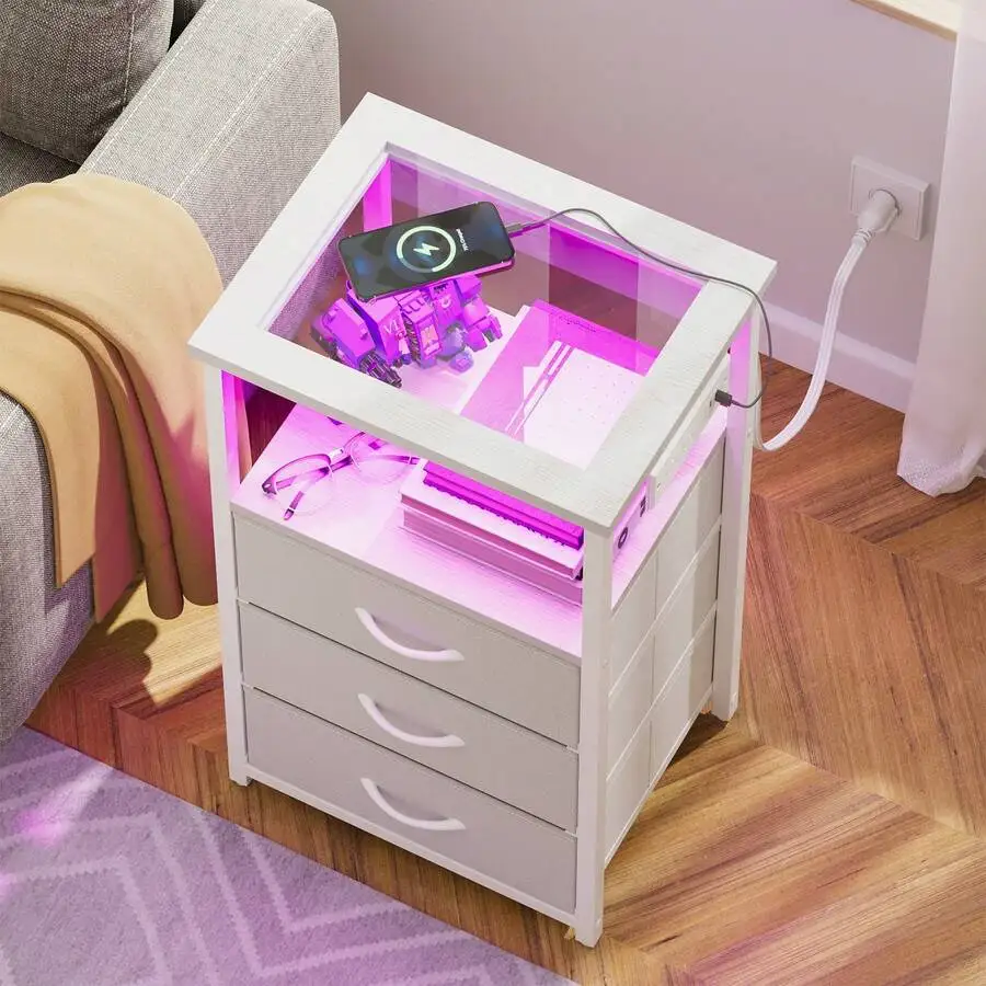 Tomnk Bedside Table With Charging Station, LED Nightstand With USB Ports And Outlets, 3 Fabric Storage Drawers With PU Finish, Bed Side Table For Bedroom, Living Room, White/Black