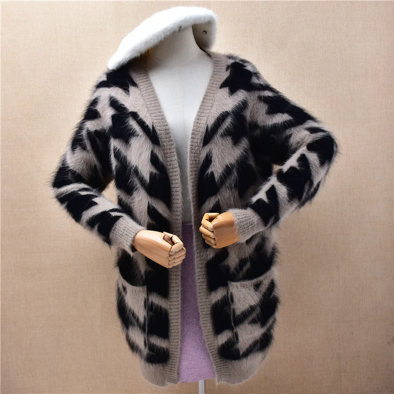 

Женские осенне-зимние толстые теплые норковые кашемировые вязаные кардиганы с длинными рукавами и узором «гусиные лапки», мантия, ангорский свитер, куртка