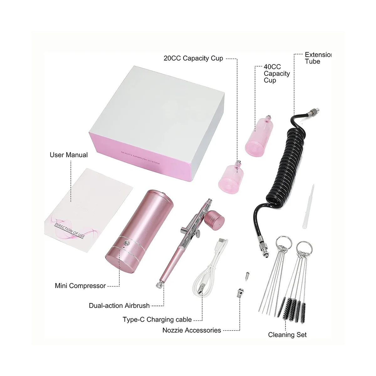 Rechargeable Cordless Airbrush Compressor with 0.4mm Nozzle for Barber, Nail Art, Makeup, Model Painting