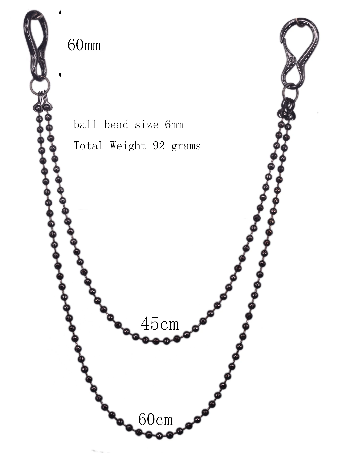 black Hippop Double Layer Gothic Punk Biker Wallet Jean Trousers 6mm Gunmetal Ball Chain Keychain And Spring Carabiner