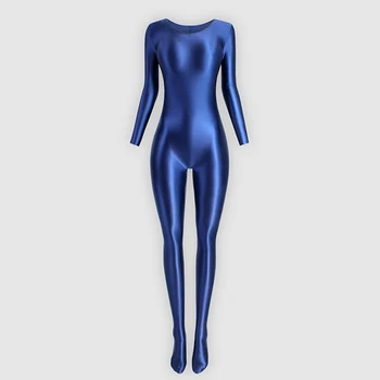 Women Long Sleeve Tight Glossy Dance Jumpsuit Bodysuit Yoga Solid Shaped Practice Rhythmic Gymnastics Leotard Swimsuit Dancewear
