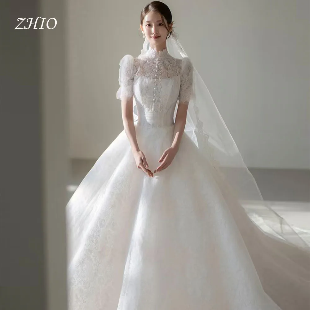 Zhi luxo marfim renda vestido de casamento alta pescoço mangas curtas a linha até o chão coreia sessão de fotos vestido de recepção de noiva personalizado