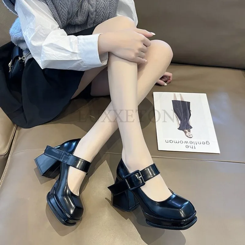 Women Mary Jane High Heels Square Toe Thick Heel Shallow Buckle Fashion Shoes Casual Comfortable Sweet Versatile