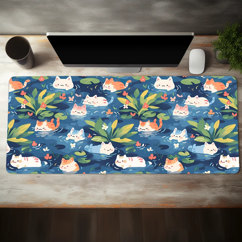 Kawaii gato mouse pad verde algas grandes e-sports tapete de mesa de escritório teclado antiderrapante borracha natural mouse pad 35.4x15.7 Polegada