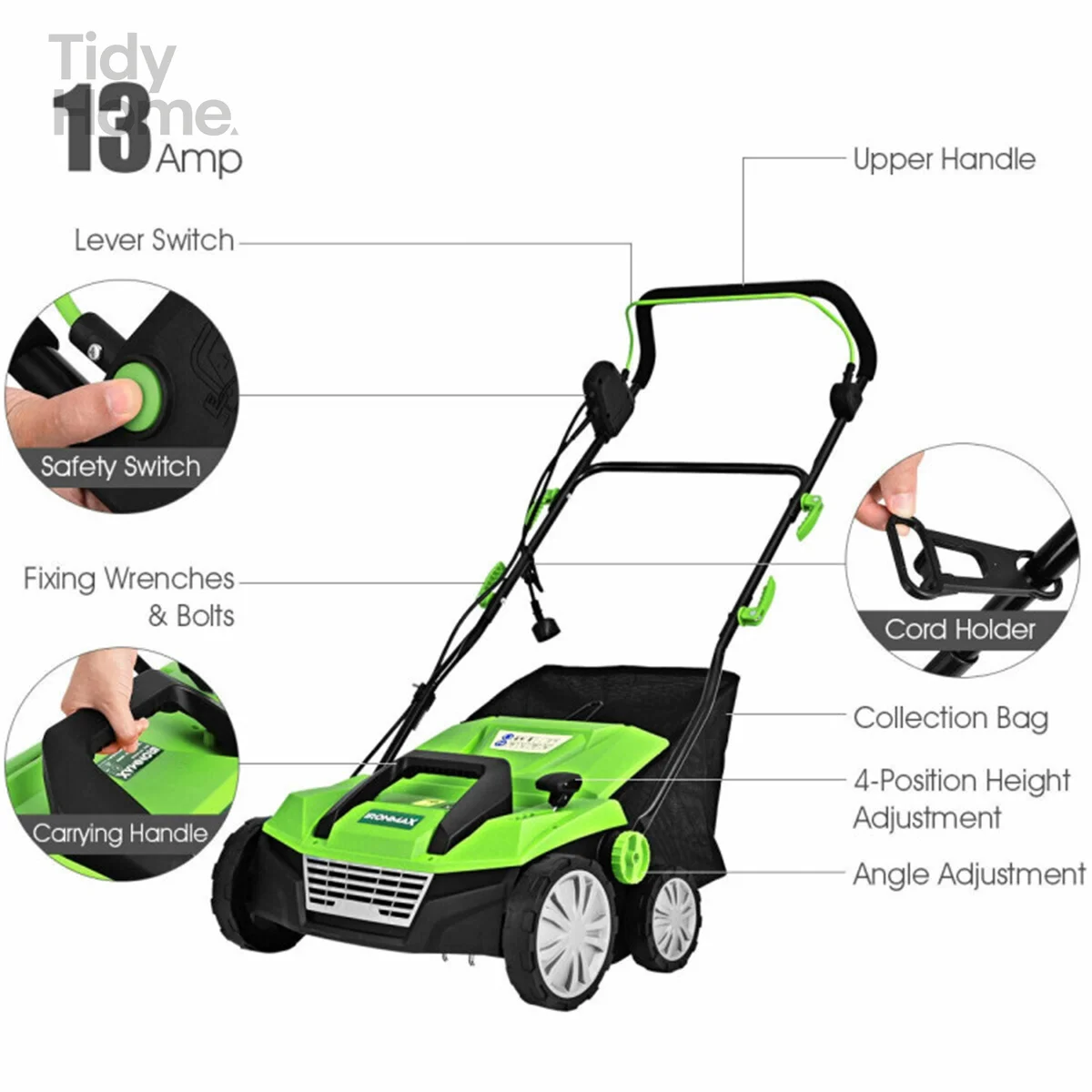 13 Inch 12 Amp Electric Scarifier with Collection Bag and Removable Blades Electric Lawn Dethatcher w/ 50L Collection Bag Green