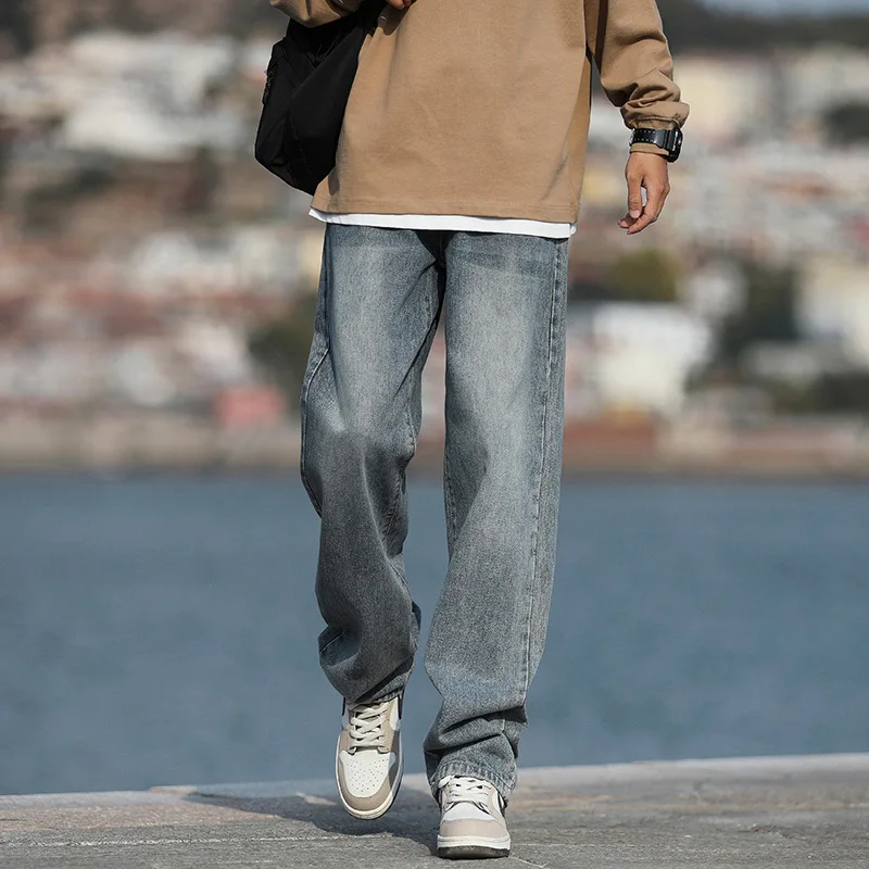 

Men Spring Summer Fashion American Vintage Jeans Men Versatile Straight Casual Trousers Men Loose Drape Wide-leg Zipper Slacks