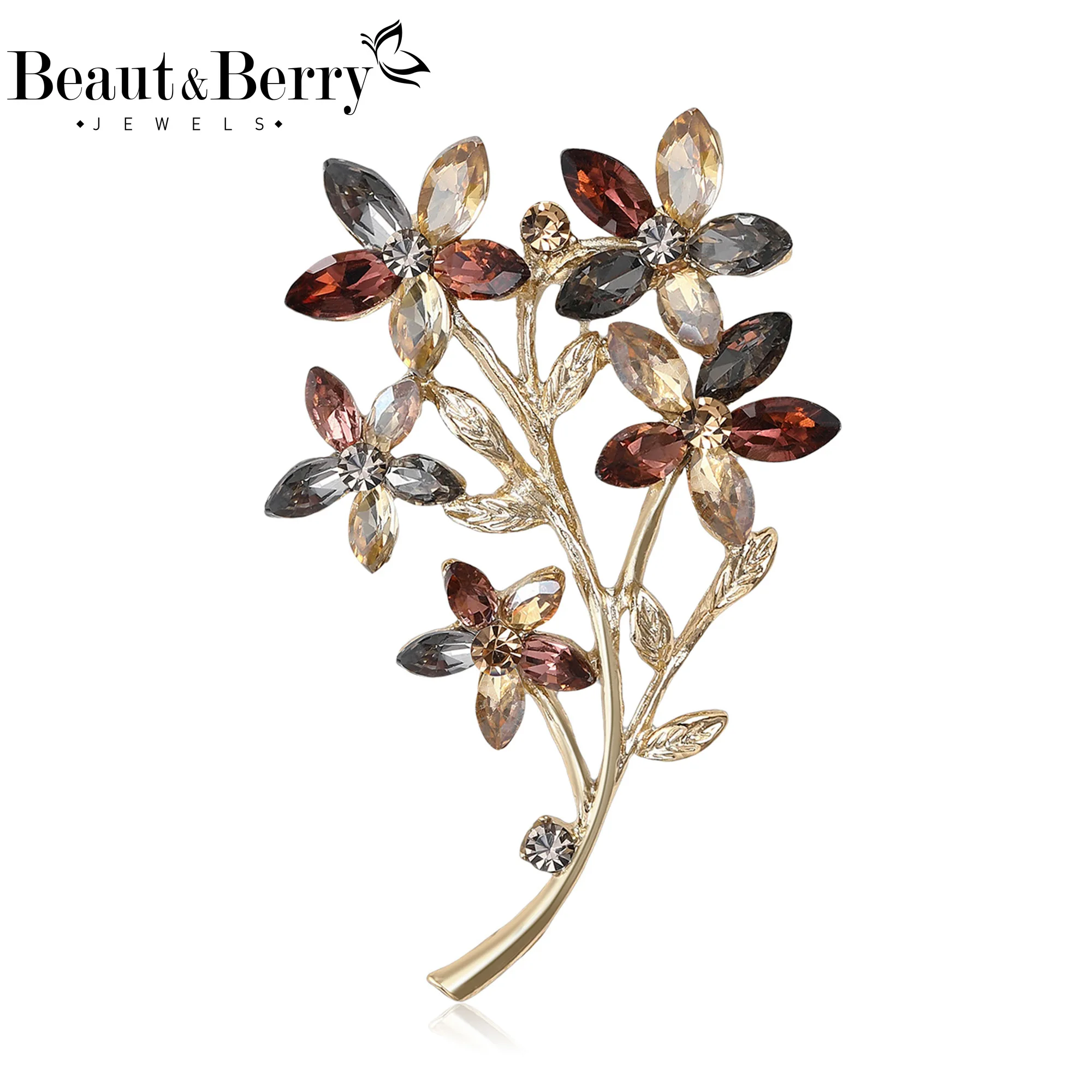 Beaut&Berry Luxury Rhinestone Flower Bouquet Brooches for Women Plant Pins Friends Party Gifts Banquet Jewellery Accessories