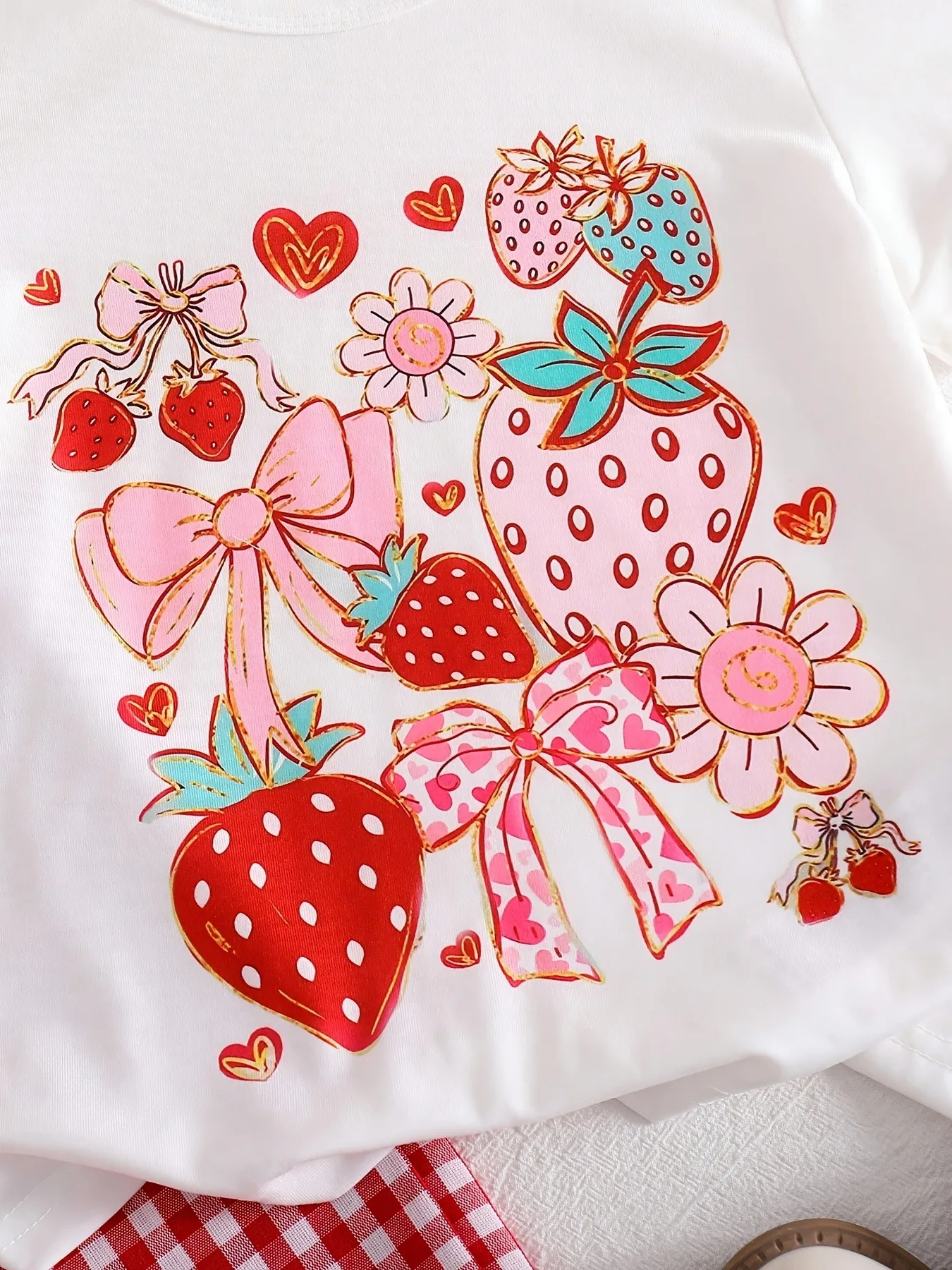 Zweiteiliges Set für Kinder und Mädchen mit Erdbeer-Print, kurzärmligem T-Shirt und roten Gingham-Karo-Hosen mit weitem Bein, Sommer-Outfit für den Alltag – Detail 3